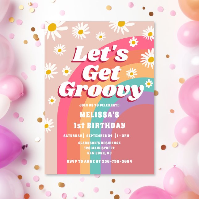 Låt oss Hämta Groovy Daisy Rainbow Retro Birthday Inbjudningar (Skapare uppladdad)