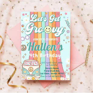 Låt oss Hämta Groovy Retro Boho Daisy Rainbow Birt Inbjudningar