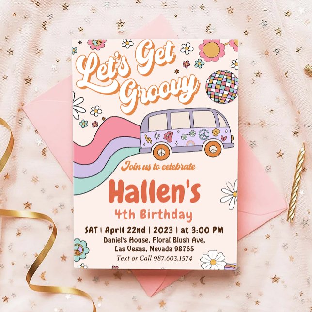 Låt oss Hämta Groovy Retro Boho Daisy Rainbow Birt Inbjudningar (Skapare uppladdad)