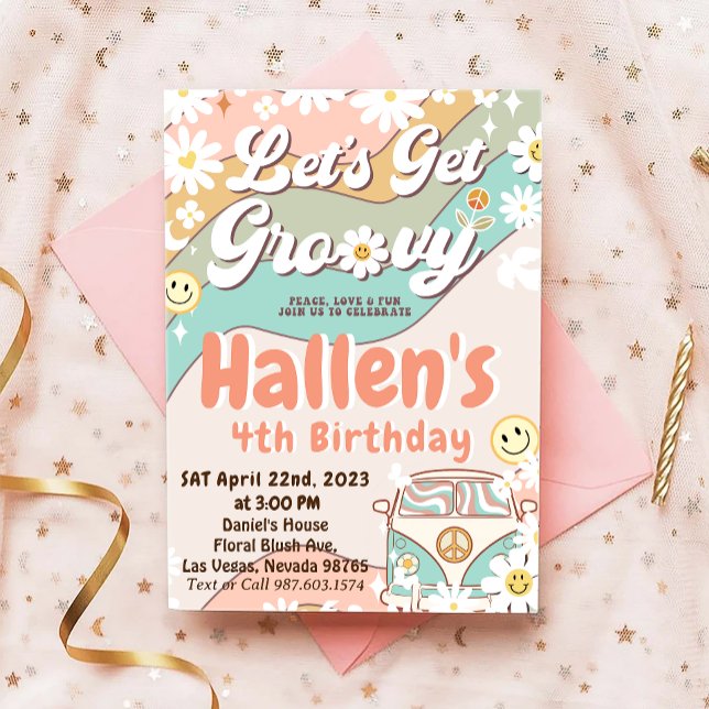 Låt oss Hämta Groovy Retro Boho Daisy Rainbow Birt Inbjudningar (Skapare uppladdad)