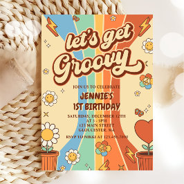Låt oss Hämta Groovy Retro Rainbow 1:a födelsedage Inbjudningar