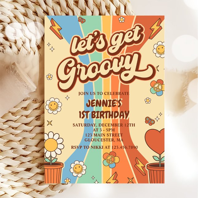 Låt oss Hämta Groovy Retro Rainbow 1:a födelsedage Inbjudningar (Skapare uppladdad)