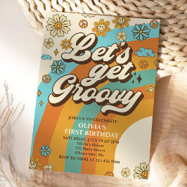 Låt oss Hämta Groovy Retro Rainbow 1:a födelsedage Inbjudningar