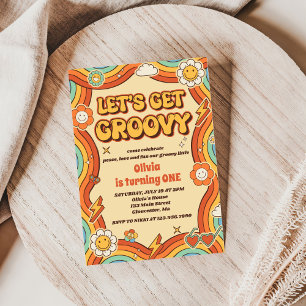 Låt oss Hämta Groovy Retro Rainbow 1:a födelsedage Inbjudningar