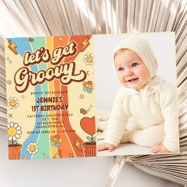 Låt oss Hämta Groovy Retro Rainbow 1:a födelsedags Inbjudningar