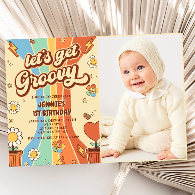 Låt oss Hämta Groovy Retro Rainbow 1:a födelsedags Inbjudningar (Skapare uppladdad)