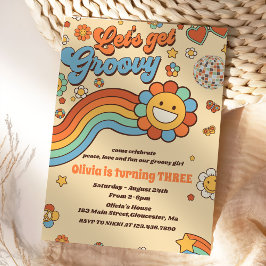 Låt oss Hämta Groovy Retro Rainbow 3:e födelsedage Inbjudningar