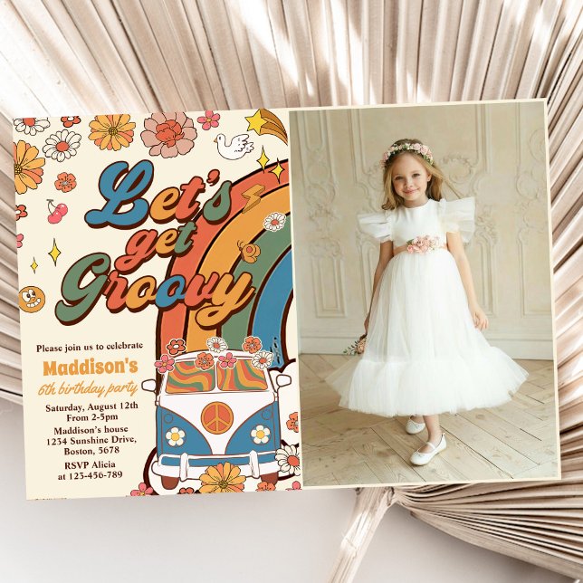 Låt oss Hämta Groovy Retro Rainbow 6e Birthday Pho Inbjudningar (Skapare uppladdad)