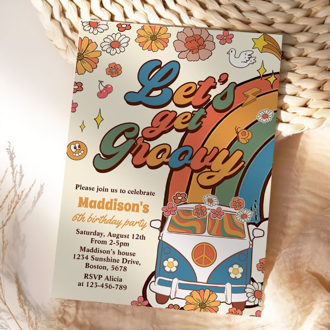Låt oss Hämta Groovy Retro Rainbow 6e födelsedag Inbjudningar (Skapare uppladdad)