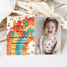 Låt oss Hämta Groovy Retro Rainbow 7:e Birthday Ph Inbjudningar