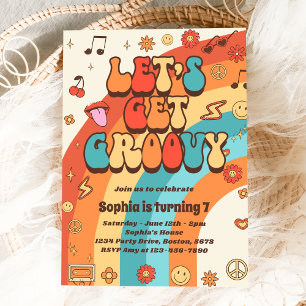 Låt oss Hämta Groovy Retro Rainbow 7:e födelsedag Inbjudningar