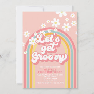 Låt oss Hämta Groovy Retro Rainbow Birthday Inbjudningar