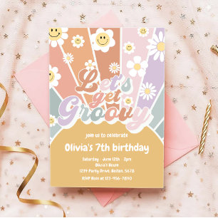 Låt oss Hämta Groovy Retro Sunshine Daisy Birthday Inbjudningar