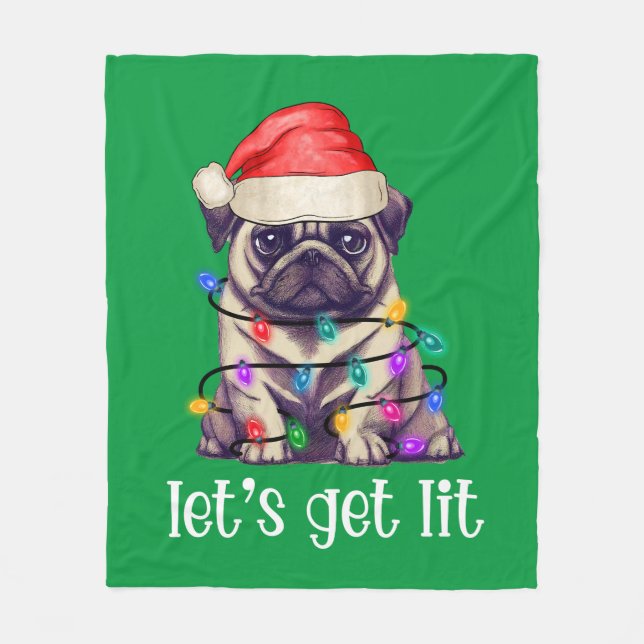 Låt oss Hämta Lit Pug Santa Ljus Fleecefilt (Framsidan)