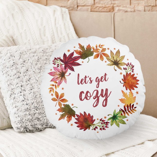 Låt oss Hämta Mysigt Höst löv höstskörd Rund Kudde (Let's Get Cozy Autumn Fall Leaves Harvest Wreath Round Pillow)