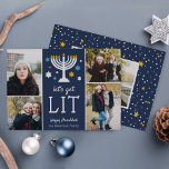 Låt oss Hämta plats | Funny Hanukkah Photo Collage<br><div class="desc">Dags att tända... Menorah,  det är det! Lustigt Hanukkah-fotokort har "låt oss tänd" under en menorahillustration med blå och vita stjärnor. Lägg till fyra av dina favoritfoton i en samlingslayout,  tillsammans med namn och en anpassningsbar Hanukkah hälsning. Anpassa baksidan med ytterligare ett foto om du vill.</div>