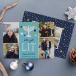 Låt oss Hämta plats | Funny Hanukkah Photo Collage Julkort<br><div class="desc">Dags att tända... Menorah,  det är det! Lustigt Hanukkah-fotokort har "låt oss tänd" under en menorahillustration med blå och vita stjärnor. Lägg till fyra av dina favoritfoton i en samlingslayout,  tillsammans med namn och en anpassningsbar Hanukkah hälsning. Anpassa baksidan med ytterligare ett foto om du vill.</div>