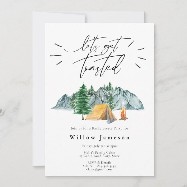 Låt oss hämta Tosted Bachelorette Camping Inbjudningar (Framsida)