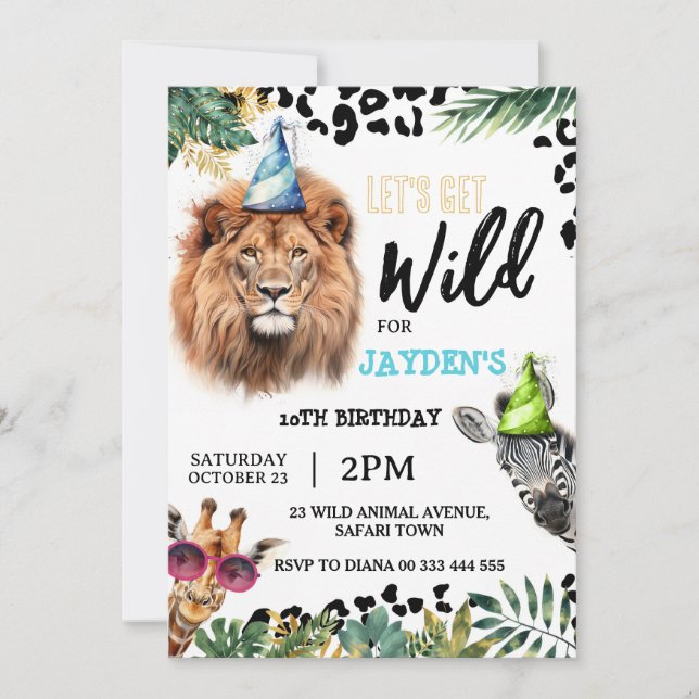 Låt oss Hämta Vild Safari Animals, Födelsedagsfest Inbjudningar (Framsida)