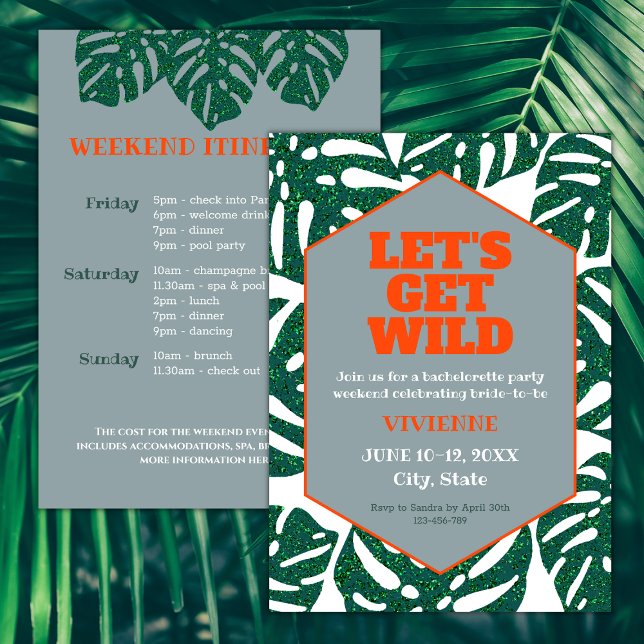Låt oss Hämta Vild Tropical Bachelorette Helg Inbjudningar (let's get wild tropocal bachelorette weekend itinerary invitation glitter monstera leaves orange)
