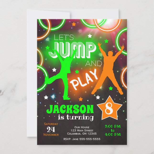 Låt oss hoppa studsa neon trampolin park födelseda inbjudningar (Framsida)