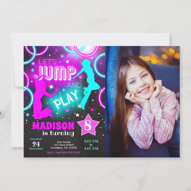 Låt oss hoppa studsa neon trampolinpark födelsedag inbjudningar (Framsida)