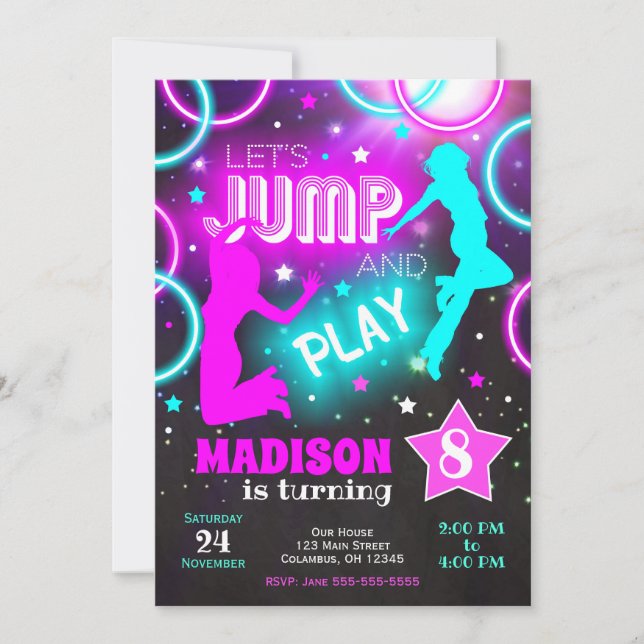 Låt oss hoppa studsa på Neon Trampoline Park födel Inbjudningar (Framsida)
