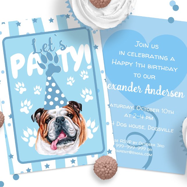 Låt oss illustrera den pawty bulldog Blue Birthday Inbjudningar (Skapare uppladdad)