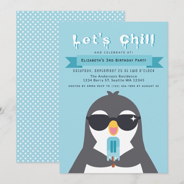 Låt oss inbjudan till Chill Cute Penguin Barns föd (Fram/baksida)