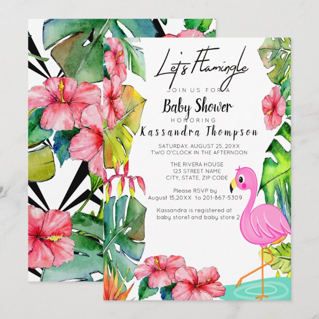 Låt oss inbjudan till Flamingle Tropical Baby Show (Fram/baksida)