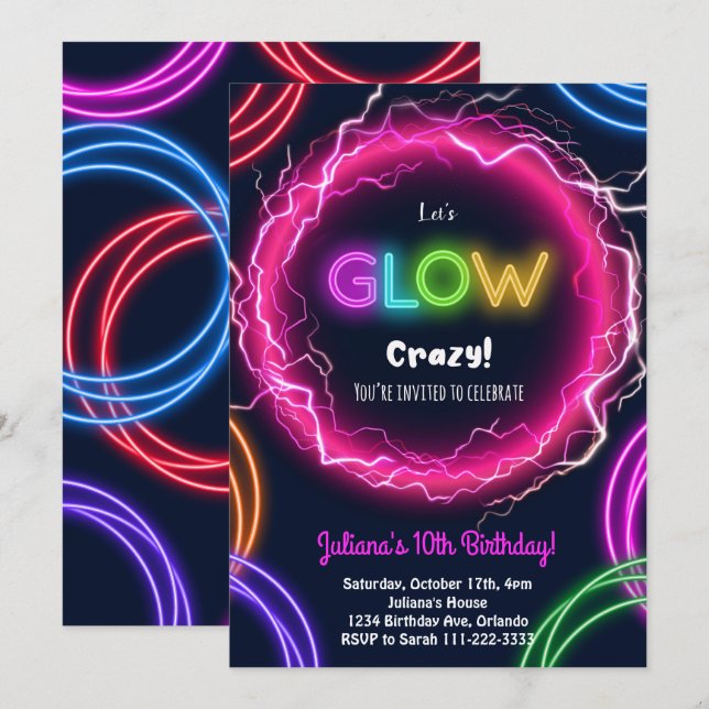 Låt oss inbjudan till Glow Crazy Birthday (Fram/baksida)