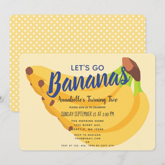 Låt oss inbjudan till Go Bananas Barns födelsedag (Fram/baksida)