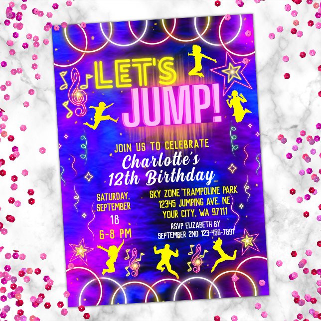 Låt oss Jump Bounge Neon Rosa Trampoline Birthday Inbjudningar (Skapare uppladdad)
