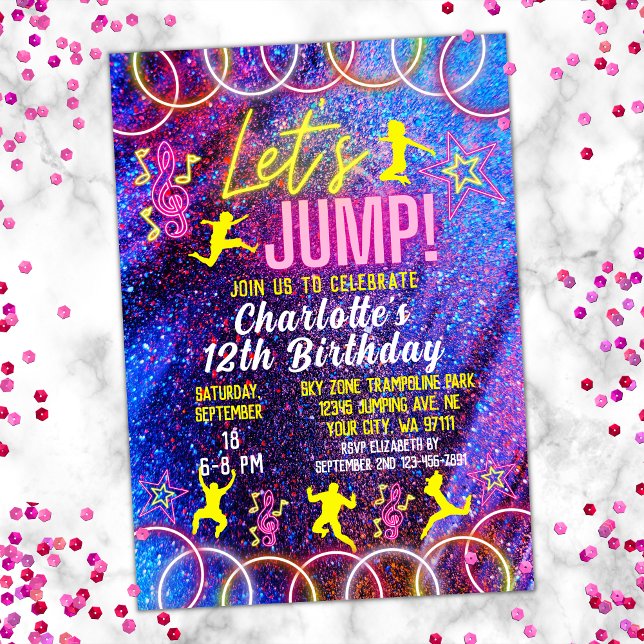 Låt oss Jump Bount Neon Trampoline Park Birthday Inbjudningar (Skapare uppladdad)