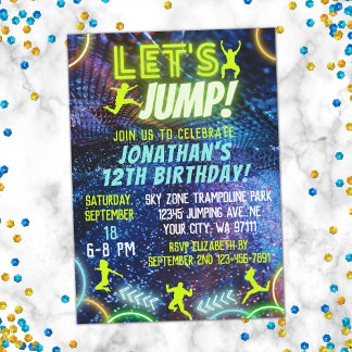Låt oss Jump Bount Neon Trampoline Park Birthday Inbjudningar