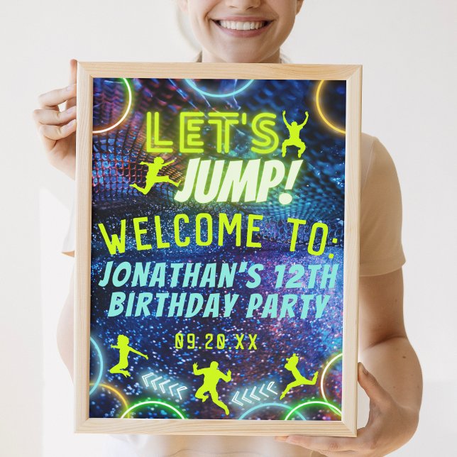 Låt oss Jump Trampoline Neon Födelsedagsfest-tecke Poster (Skapare uppladdad)