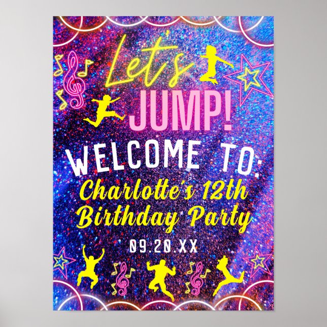 Låt oss Jump Trampoline Neon Party Välkomsttecken Poster (Framsidan)