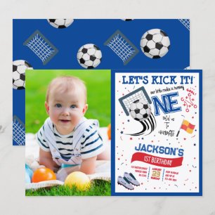 Låt oss Kick it Rookie Soccer Photo 1st Birthday Inbjudningar