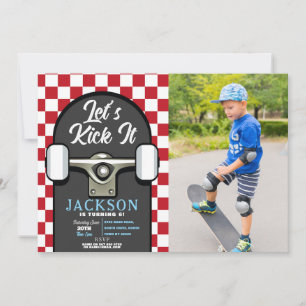 Låt oss Kick it Skateboard Birthday Boys Red Photo Inbjudningar