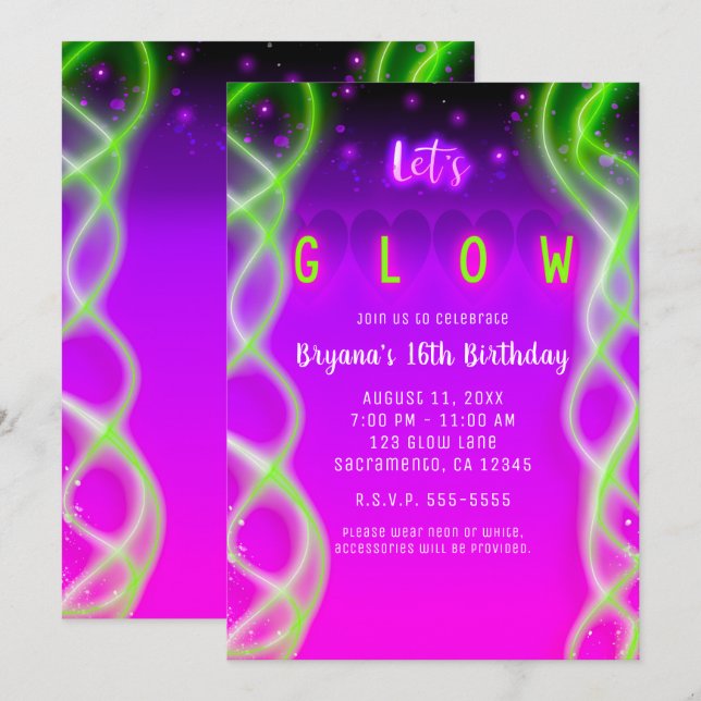 Låt oss lysa lila rosa neon grön Sweet 16-fest Inbjudningar (Fram/baksida)