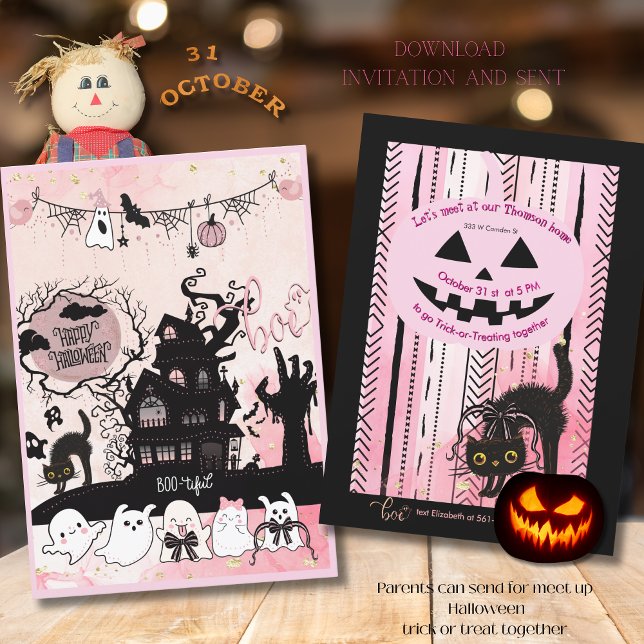 "Låt oss Meet Up" Kids Halloween Trick eller Treat Inbjudningar (Let's Meet Up Kids Halloween Trick-or-Treating Invitation)