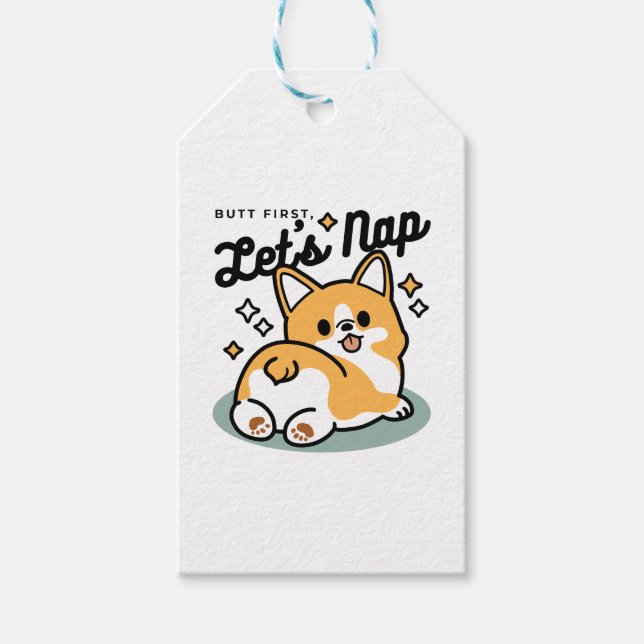 Låt oss Nap först - Cute Corgi Butt-Tecknad Presentetikett (Framsidan)