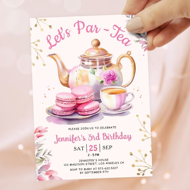 Låt oss Par-Tea! Girl Rosa Tea Födelsedagsfest Inbjudningar (Skapare uppladdad)