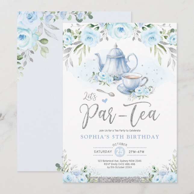 Låt oss Par-Tea Silver Baby blue födelsedag Tea Pa Inbjudningar (Fram/baksida)