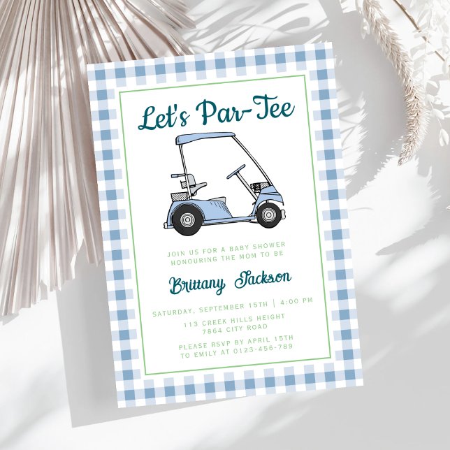 Låt oss Par Tee Golf Blue Checkered Boy Shower Inbjudningar (Skapare uppladdad)