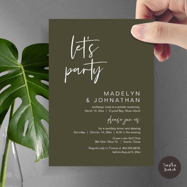 Låt oss Party, Bröllop Elopement Middag och danskn Inbjudningar (Let's Party, Modern Wedding Elopement Dinner and Dancing Invitation Card, PDF, in Olive Green)
