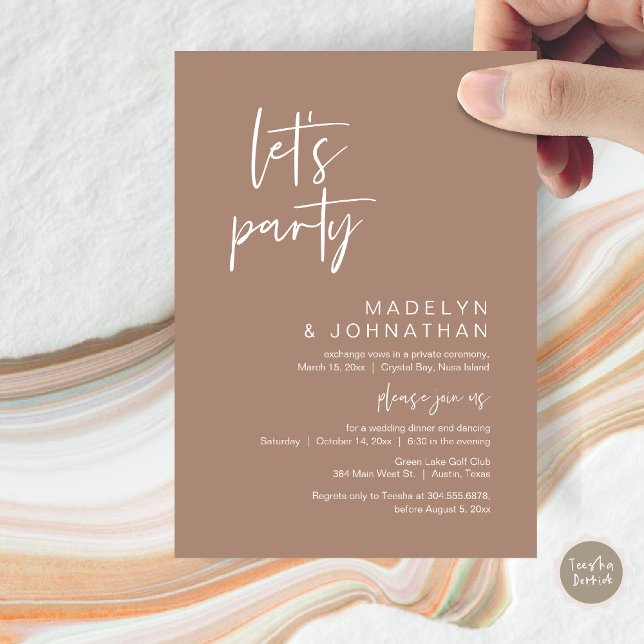 Låt oss Party, Bröllop Elopement Middag och danskn Inbjudningar (Let's Party, Modern Wedding Elopement Dinner and Dancing Invitation Card, PDF, in Neutral Taupe)