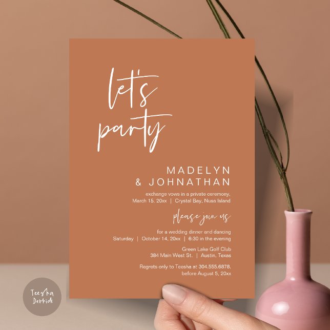 Låt oss Party, Bröllop Elopement Middag och danskn Inbjudningar (Let's Party, Modern Wedding Elopement Dinner and Dancing Invitation Card, PDF, in Copper Rust)