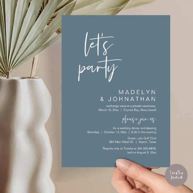 Låt oss Party, Bröllop Elopement Middag och danskn Inbjudningar (Let's Party, Modern Wedding Elopement Dinner and Dancing Invitation Card, PDF, in Dusty Blue)