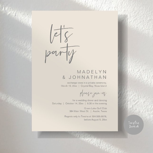 Låt oss Party, Bröllop Elopement Middag och danskn Inbjudningar (Let's Party, Modern Wedding Elopement Dinner and Dancing Invitation Card, PDF, in Cream Grey)